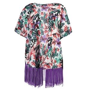 Boohoo NWT Emily Tropical Floral Print Fringe Kimono Beach Coverup